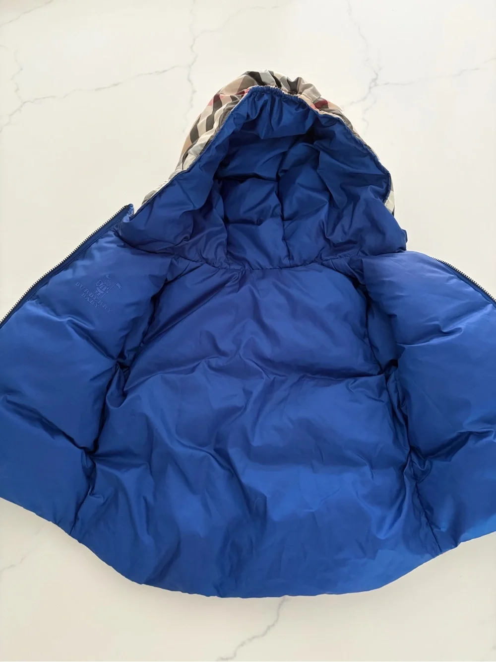 Burberry 9-12 mo Classic Baby Down Puffer Beige & black/blue Reversible Like New